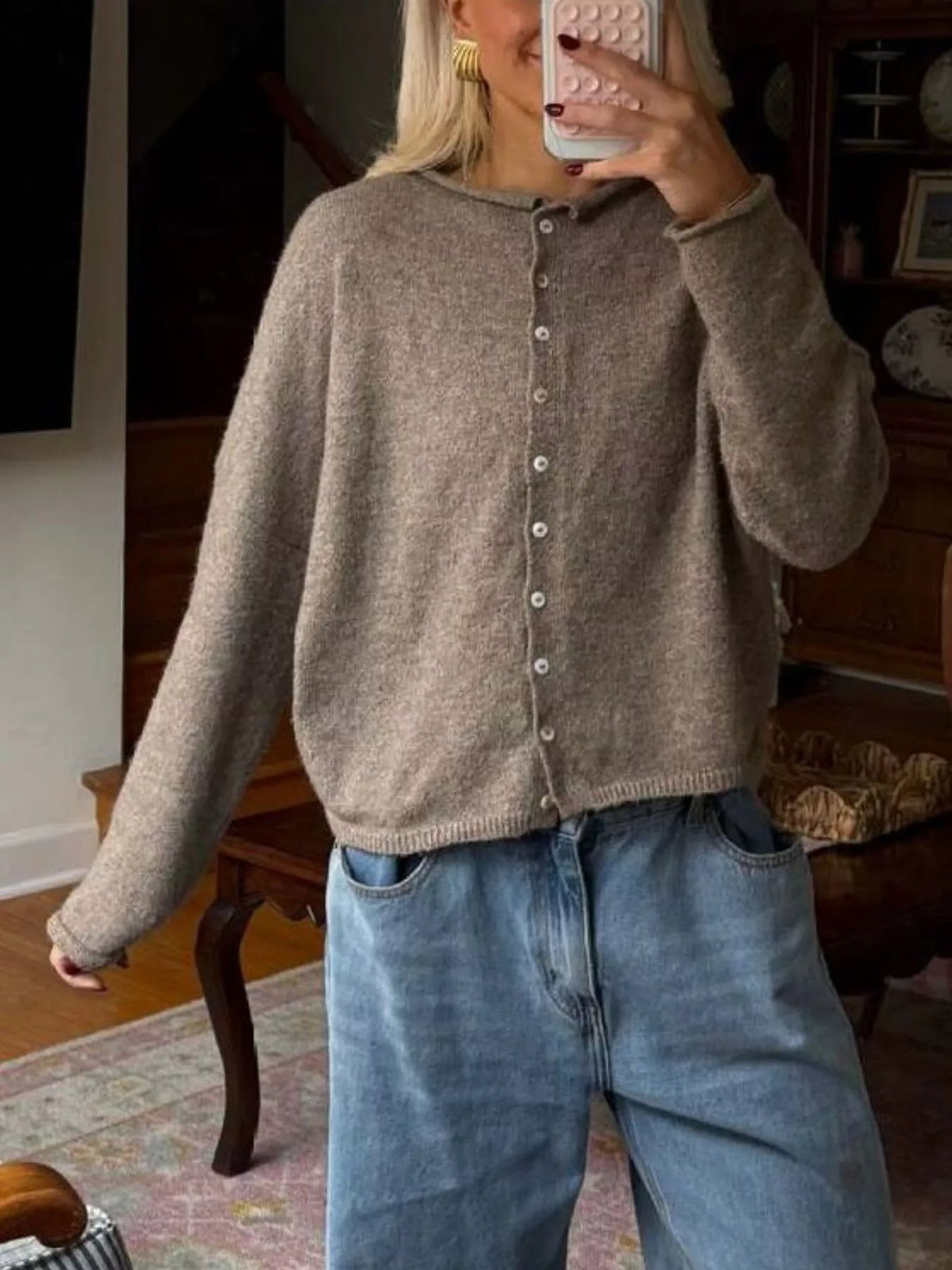 Button-Down Dropped Shoulder Cardigan