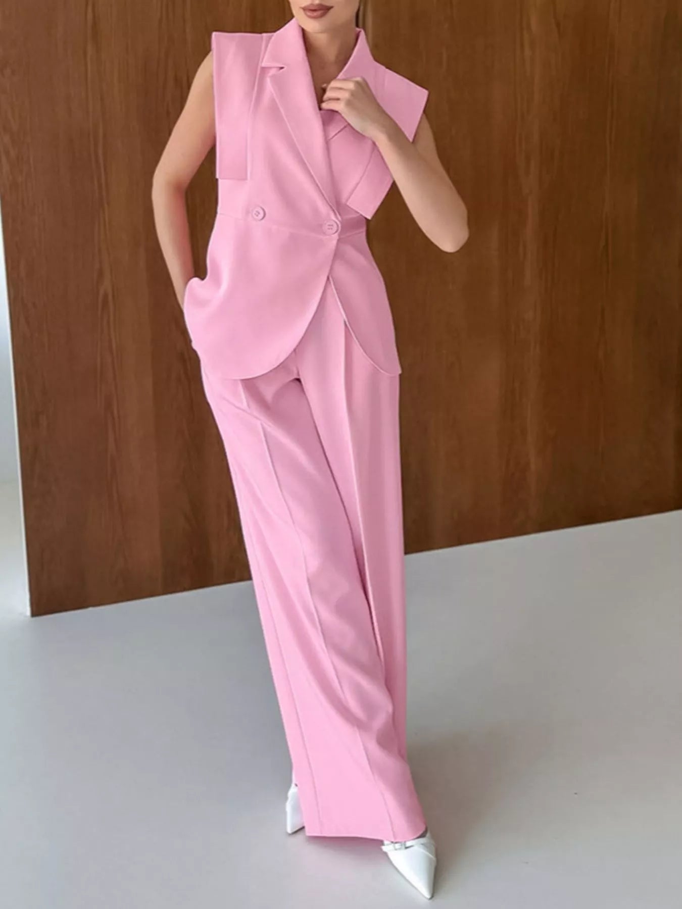 Sleeveless Blazer and Wide-Leg Pants Two-Piece Set