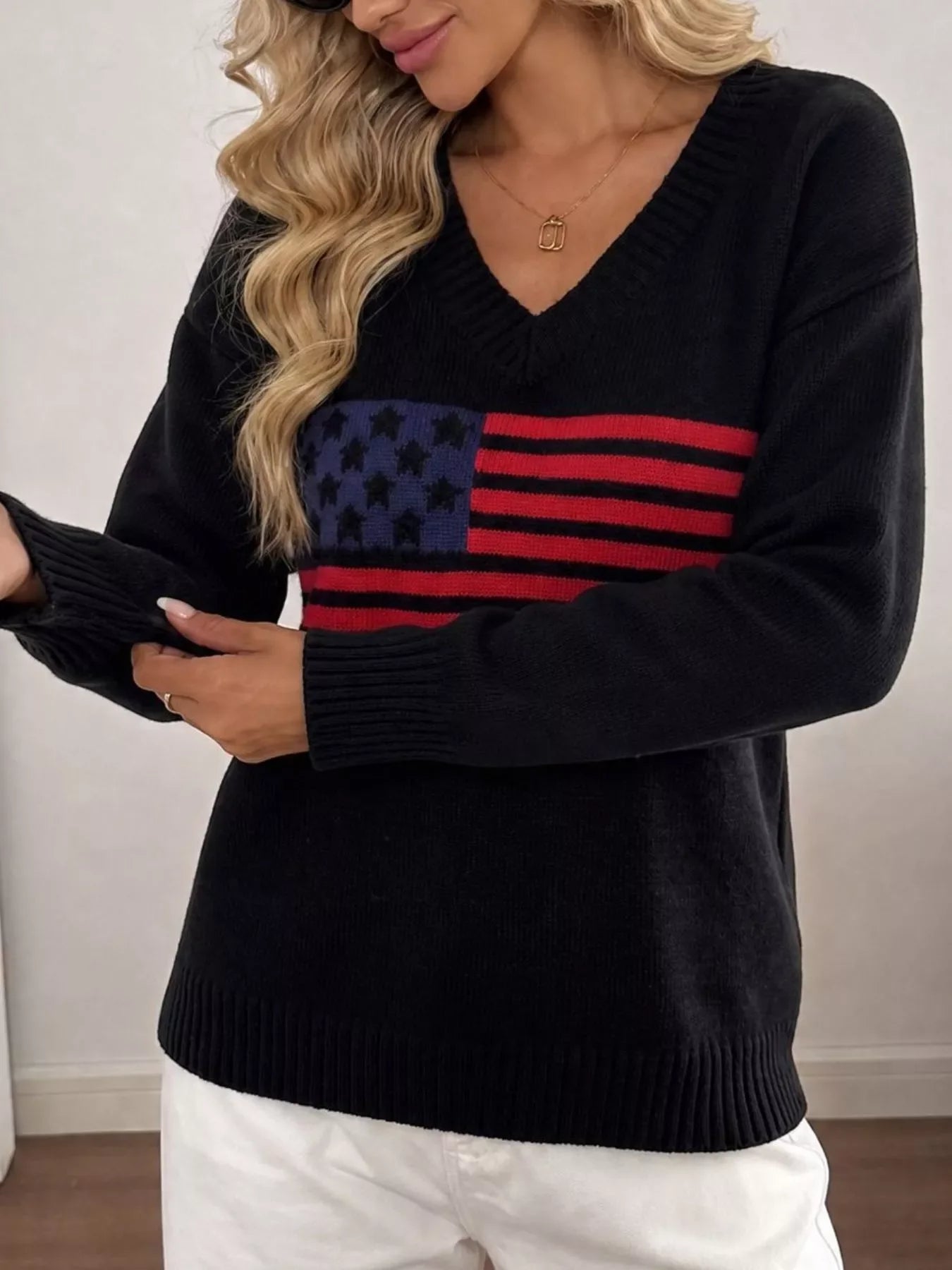 American Flag V-Neck Knit Top