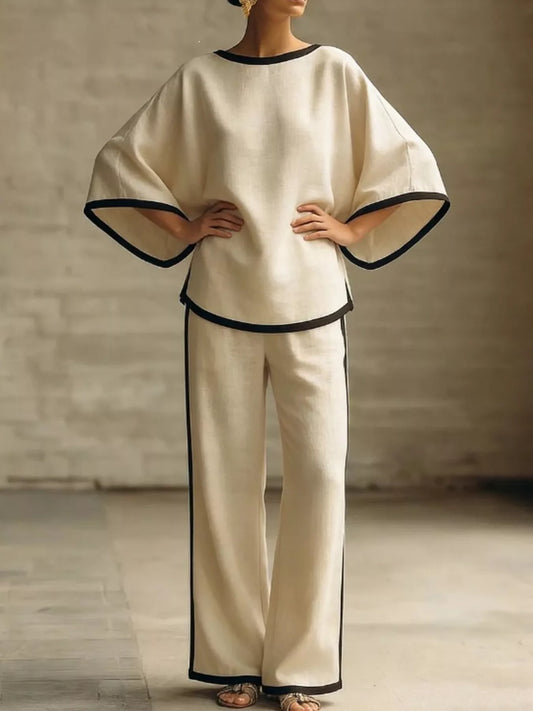 Full Size Contrast Trim Top and Wide-Leg Pants Set Plus Size