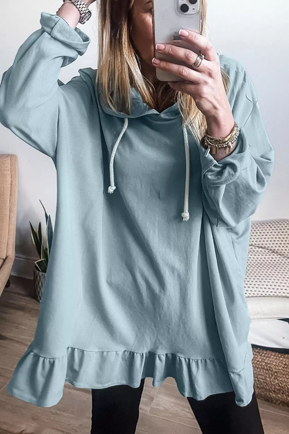 Solid Ruffled Hem Loose Fit Tunic Hoodie