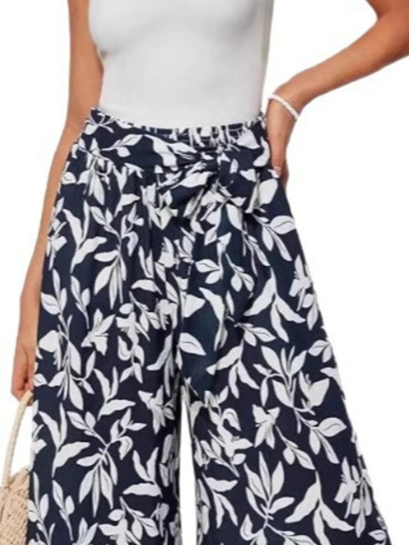 Full Size Tie Waist Wide-Leg Printed Pants Plus Size