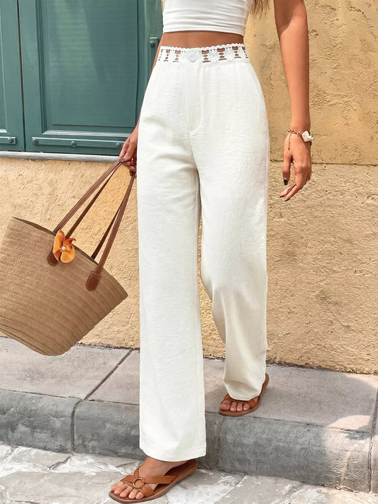 High Waist Wide Leg Pants with Crochet Trim