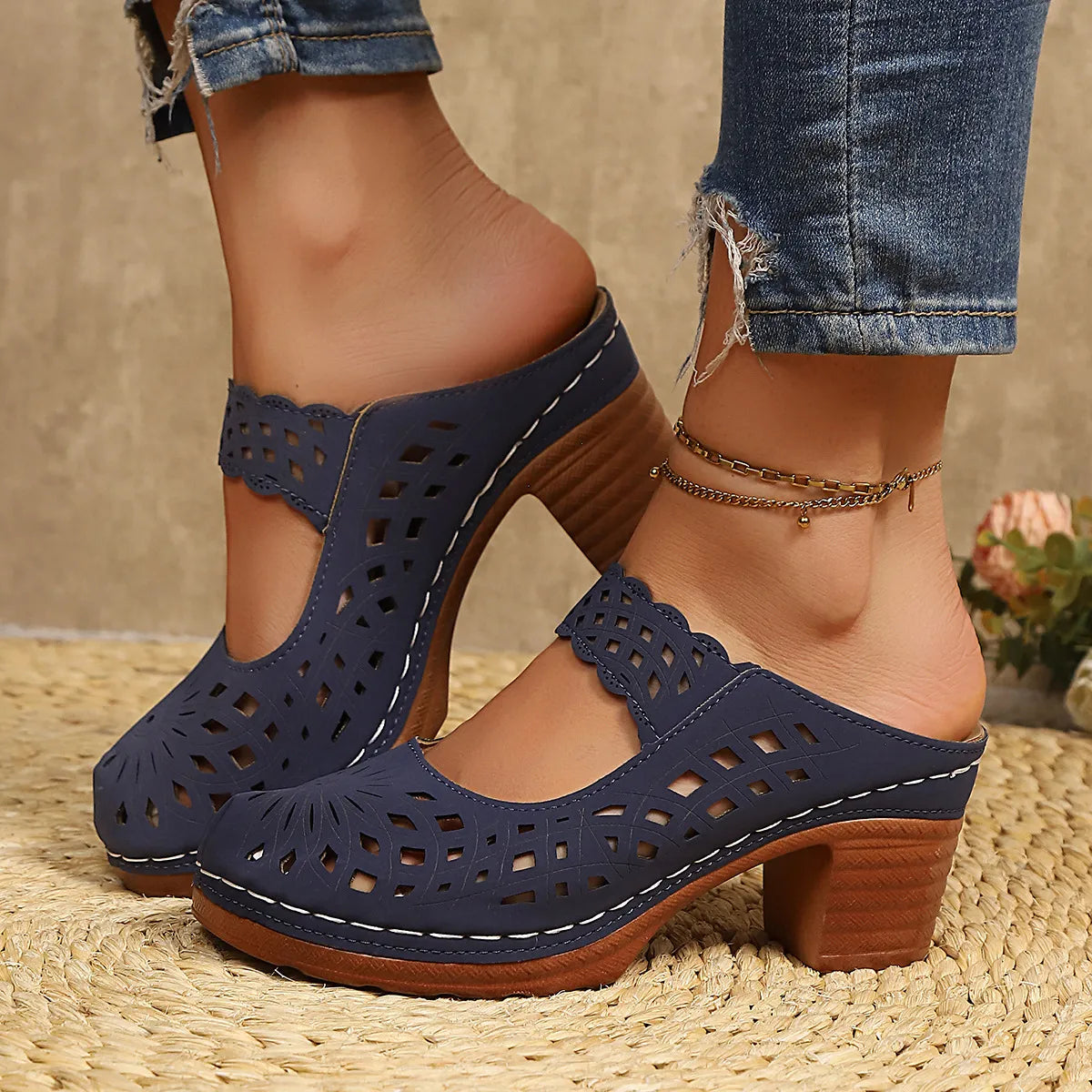 Hollow-Out Block Heels Sandals