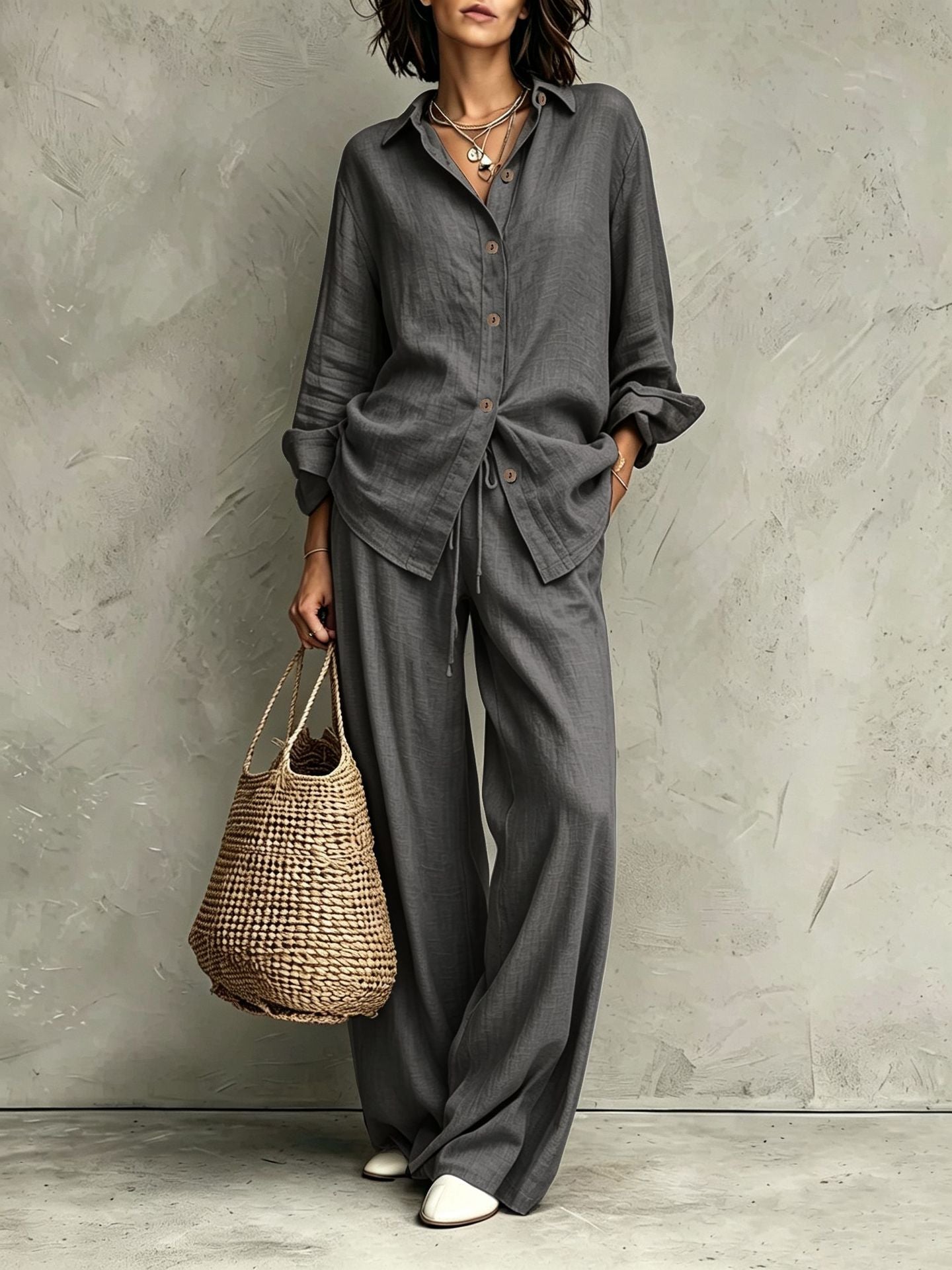Women's Button-Down Shirt & Wide-Leg Pants Set