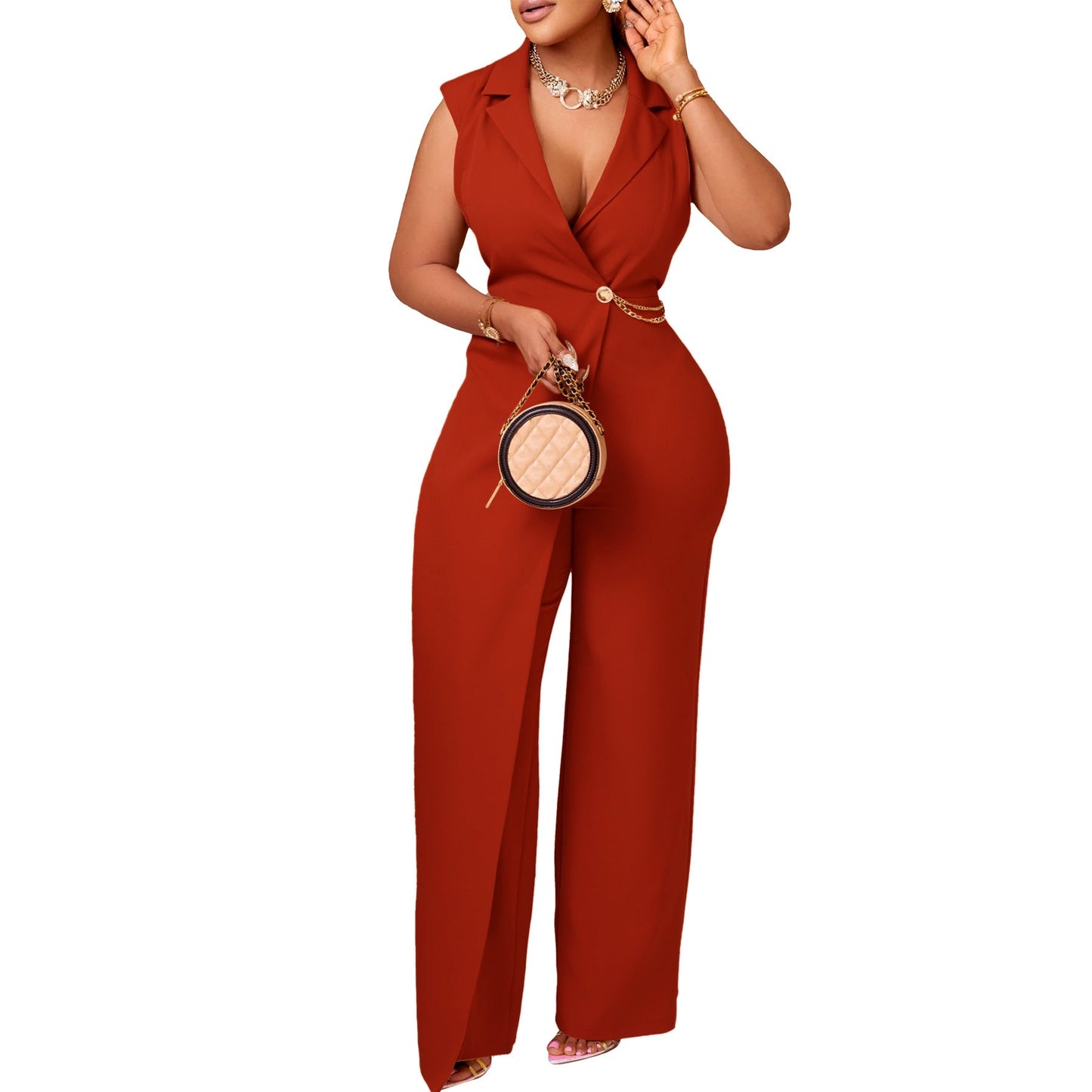 Elegant Elegant Suit Collar Tight Waist Chain Wide Leg Jumpsuit (see size chart under more details)