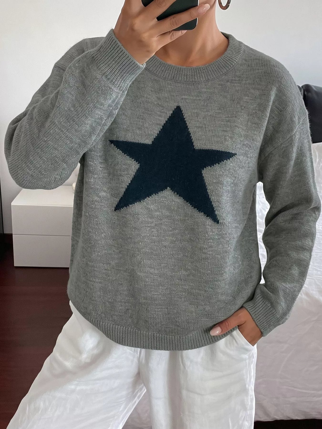 Star-Patterned Dropped Shoulder Sweater