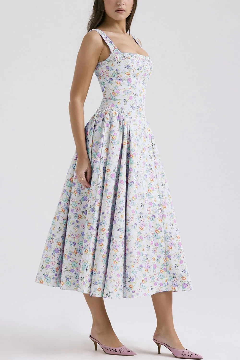 Floral Square Neck Wide Strap Midi Dress