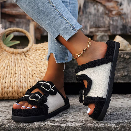 Buckle Decor Plush Lined Platform Slippers