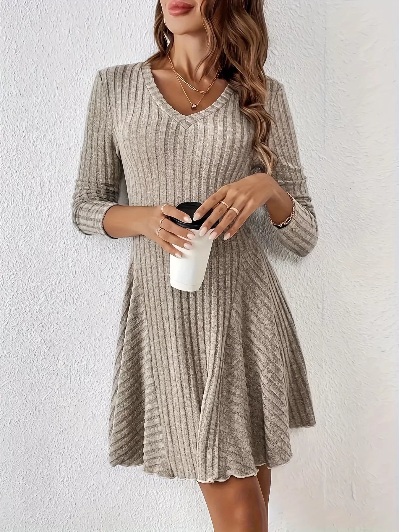 V-Neck Ribbed Knit Flared Knit Dress