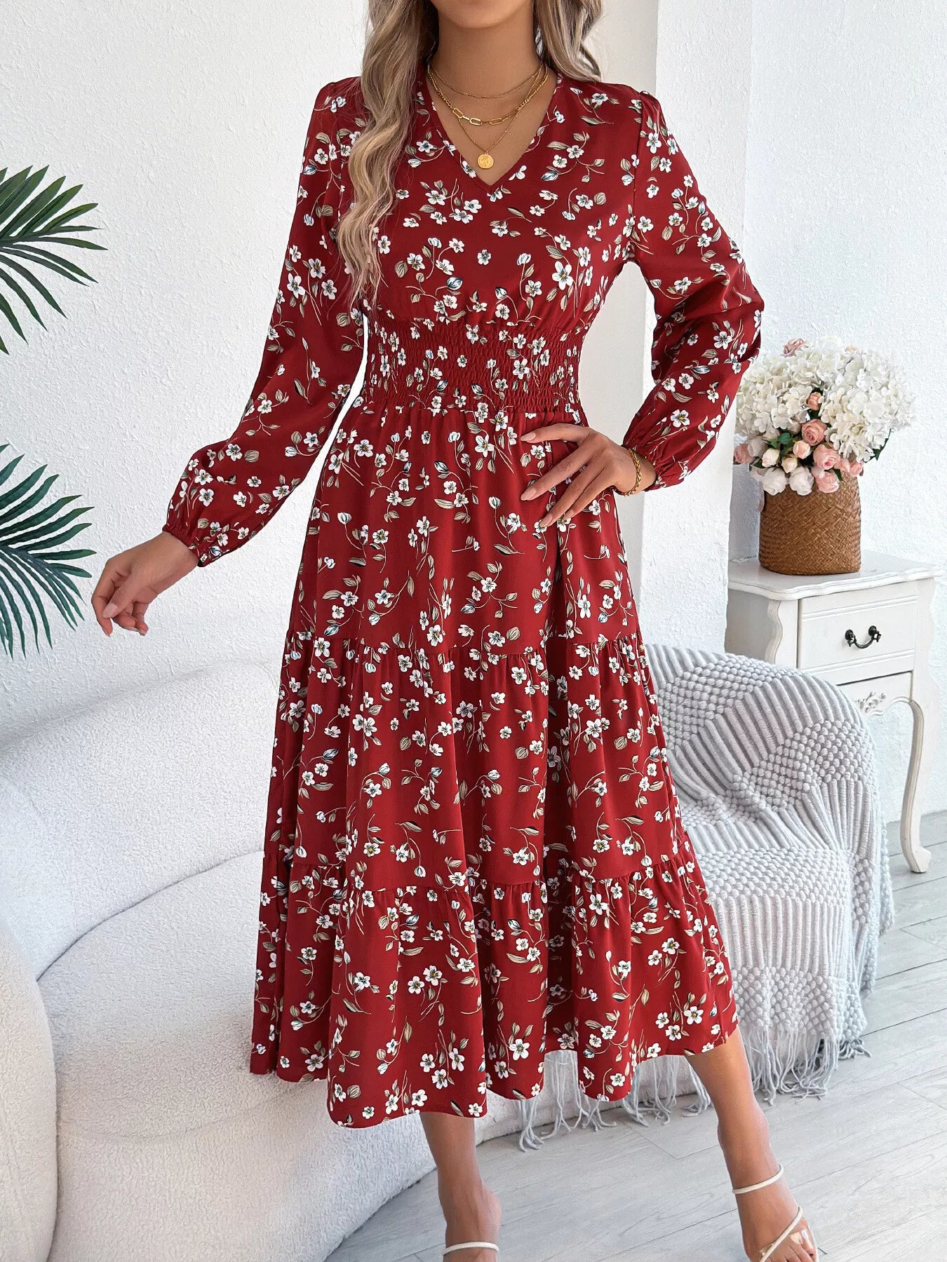 Floral Print Long Sleeve V-Neck Midi Dress