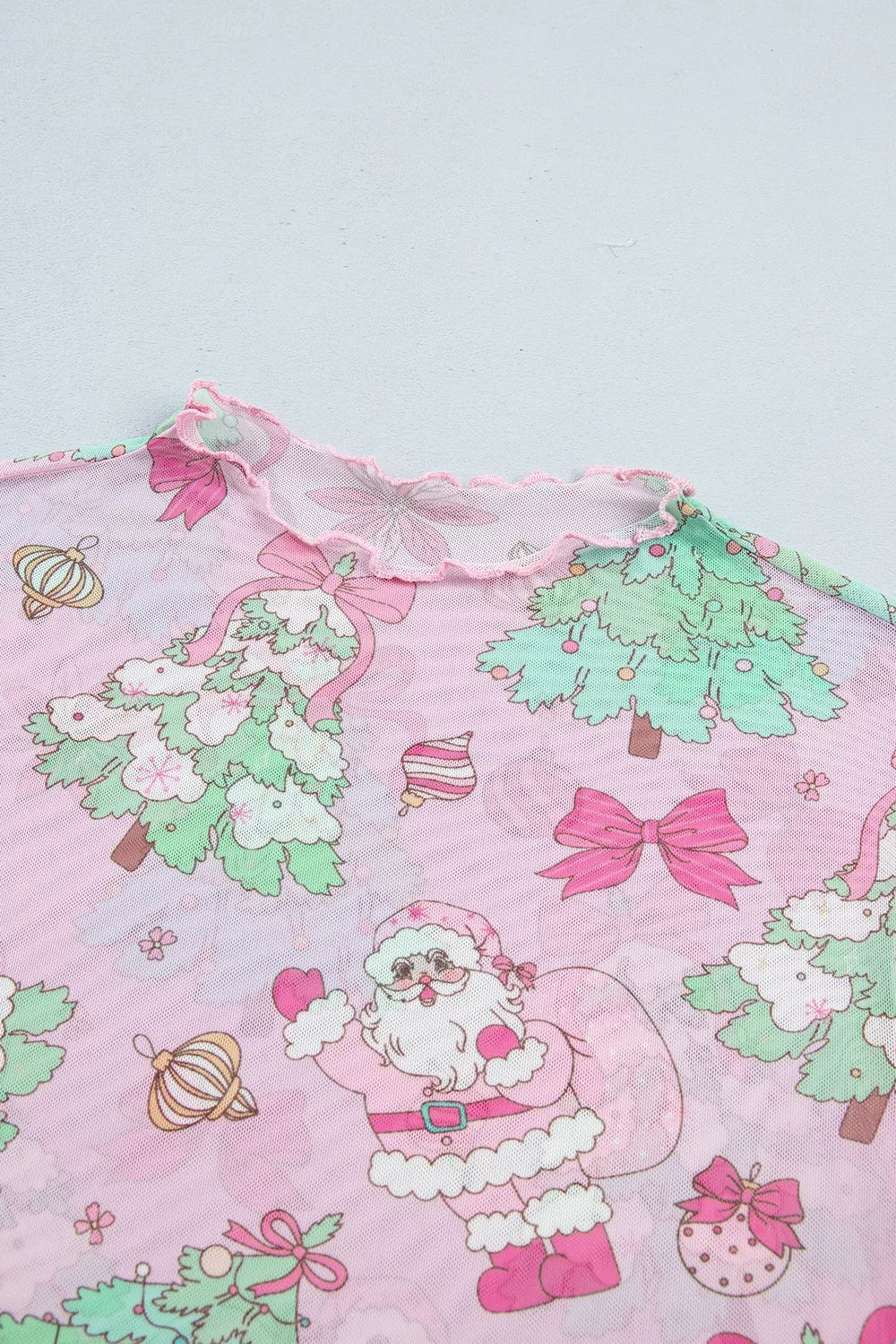 Christmas Print Sheer Mesh Slim Fit Long Sleeve Top