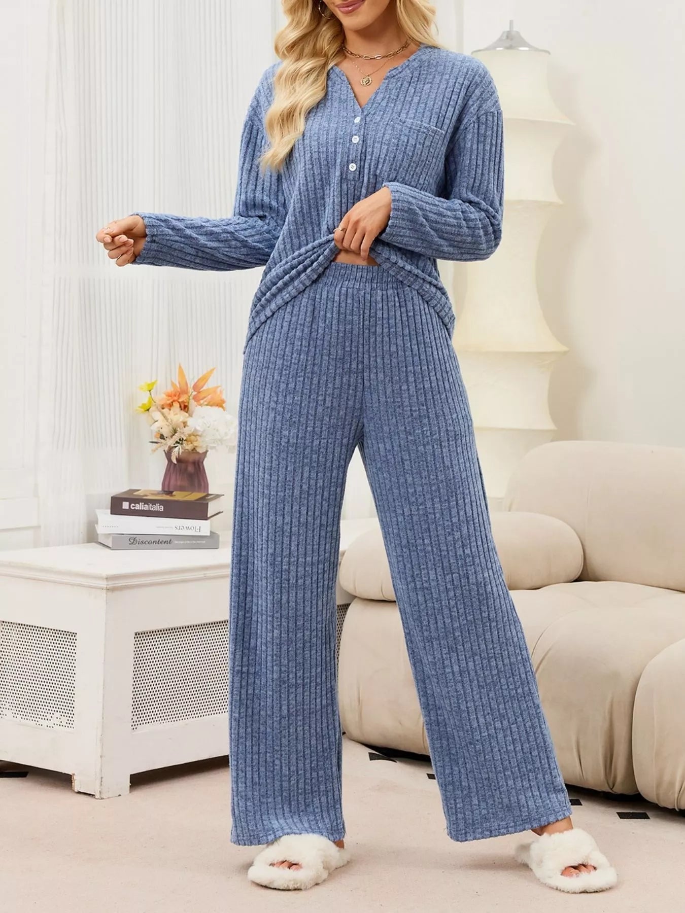 Ribbed Knit Top and Wide-Leg Pants Set