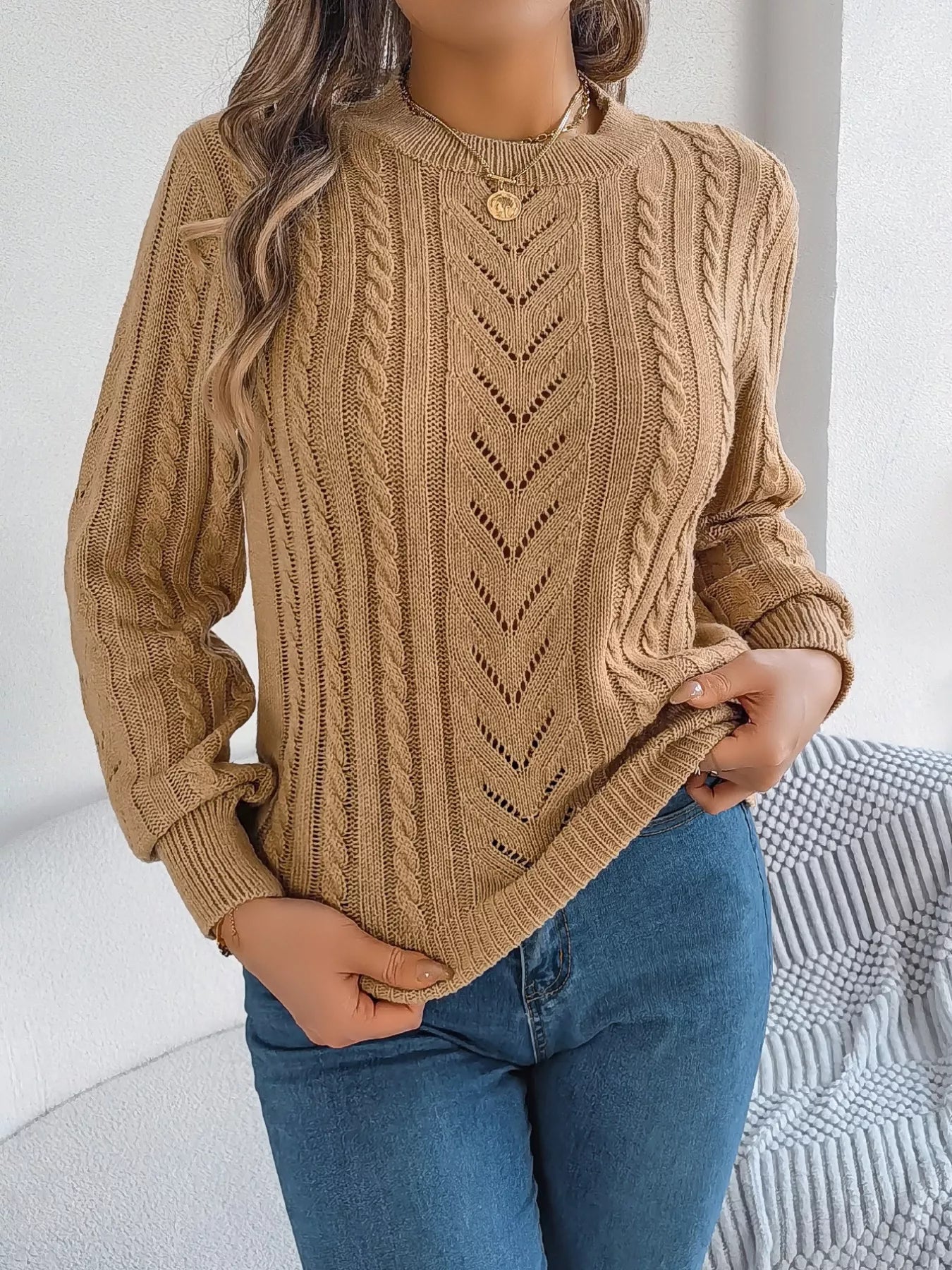 Cable-Knit Round Neck Sweater