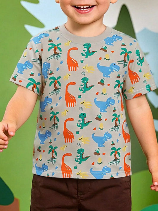 Children's Dinosaur Print Crew Neck Short Sleeve T-Shirt