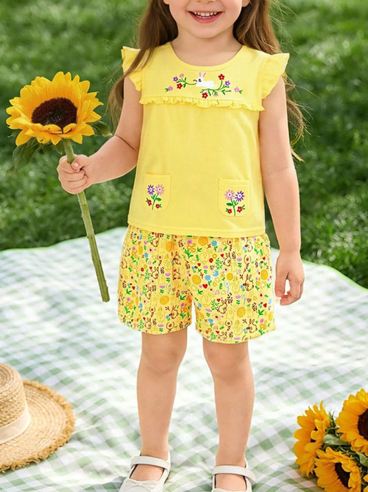 Children's Floral Embroidered Top and Printed Shorts Set