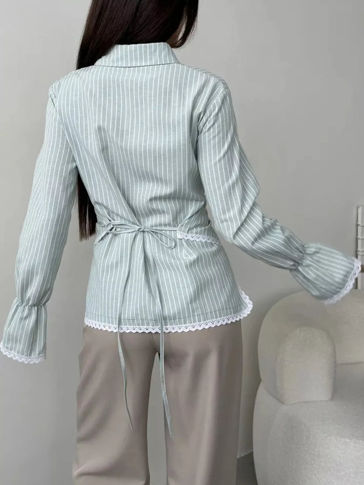 Lace Trim Long Sleeves Striped Shirt