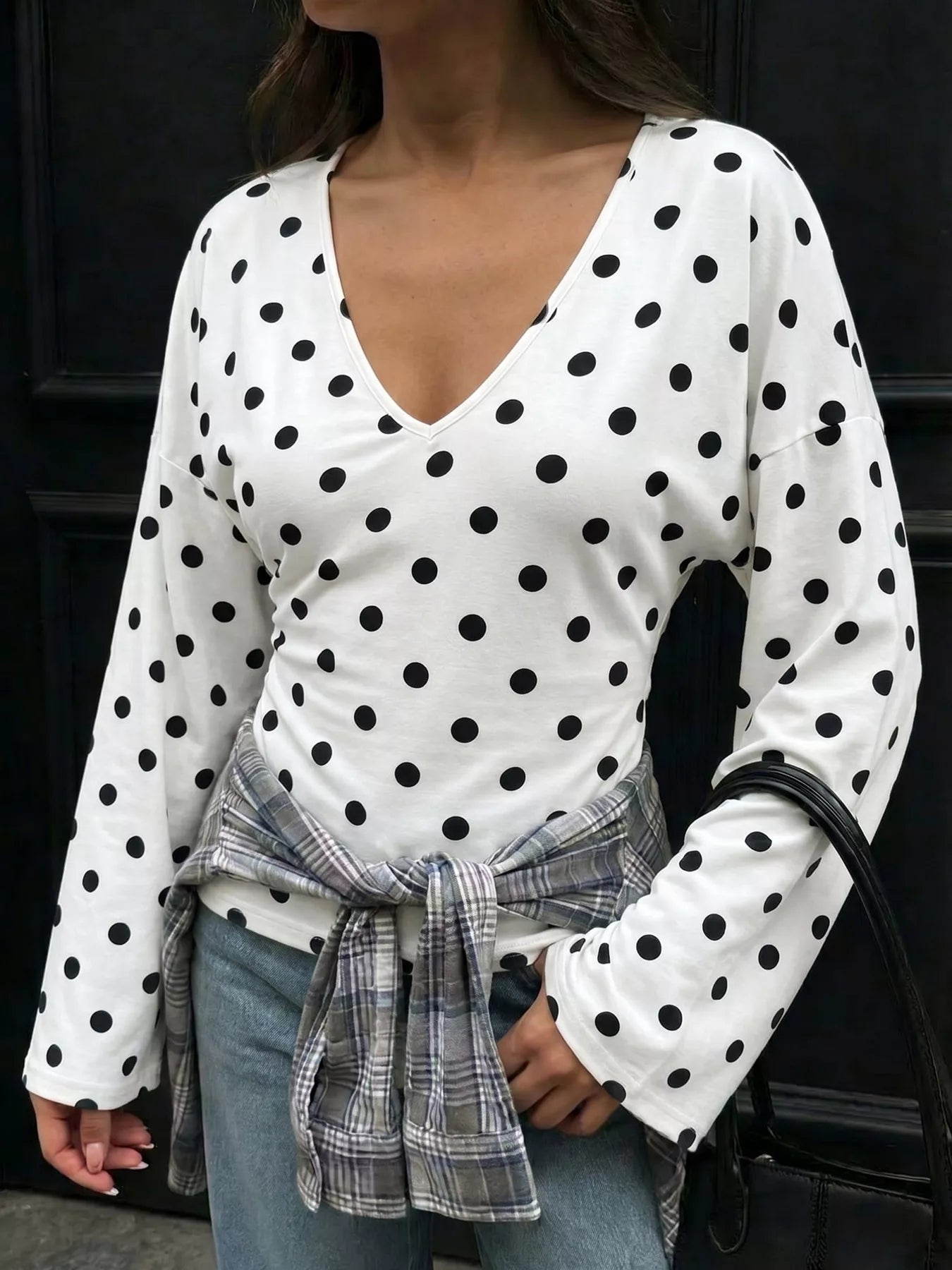 Polka Dot V-Neck Long Sleeve T-Shirt
