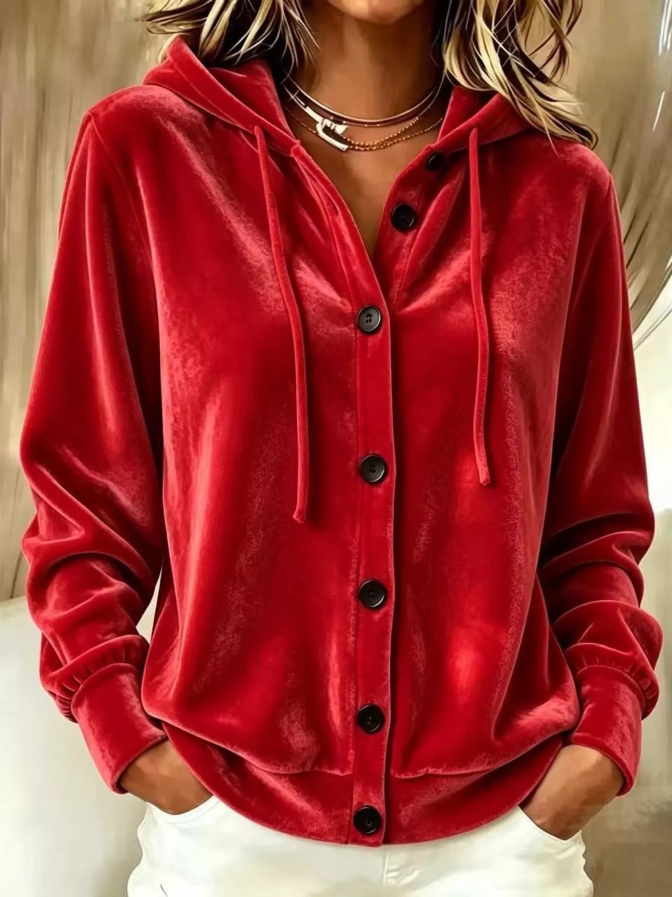 Full Size Velvet Button-Down Hooded Outerwear Plus Size