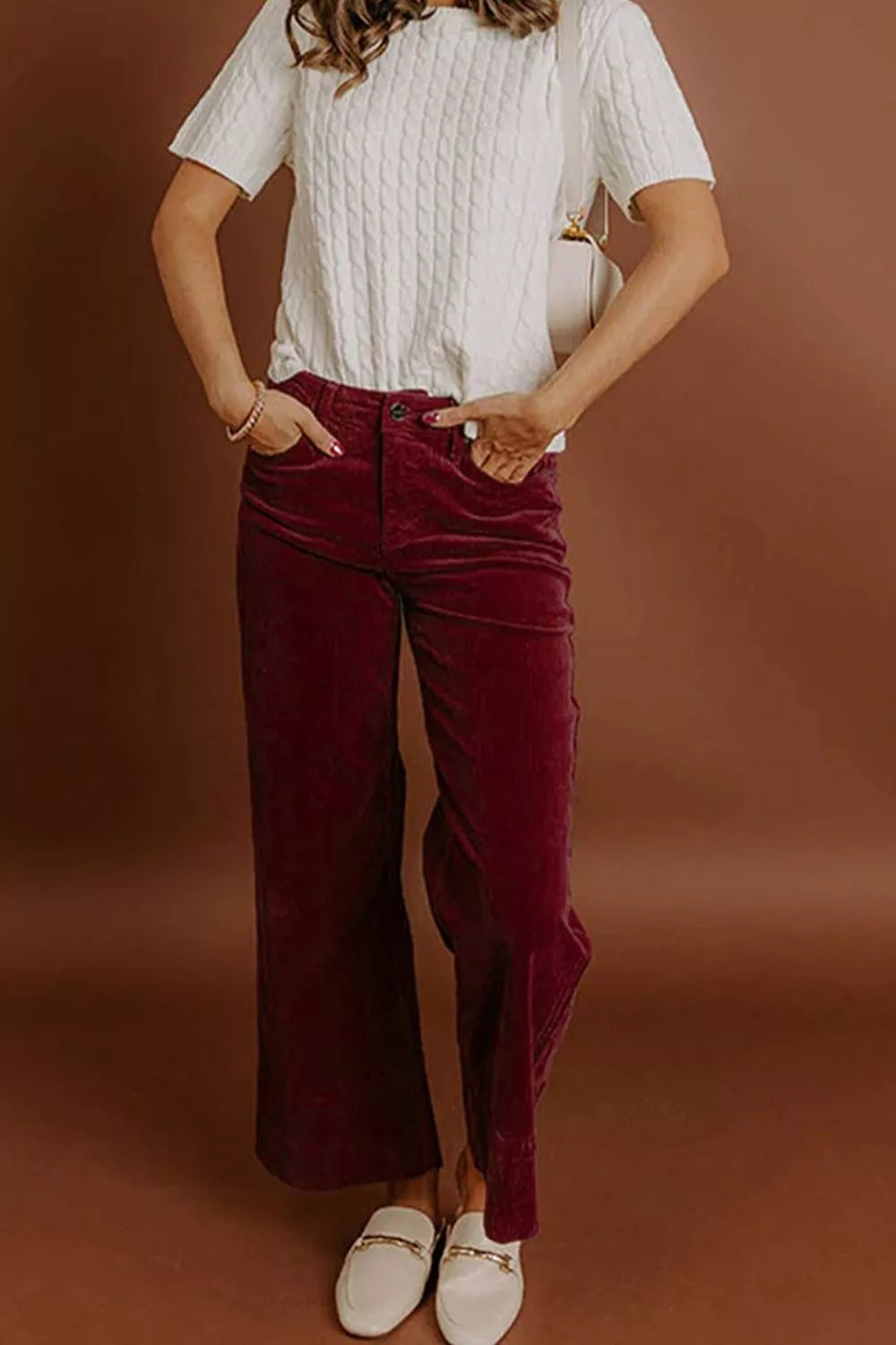 Corduroy Solid Color High Waist Wide Leg Pants