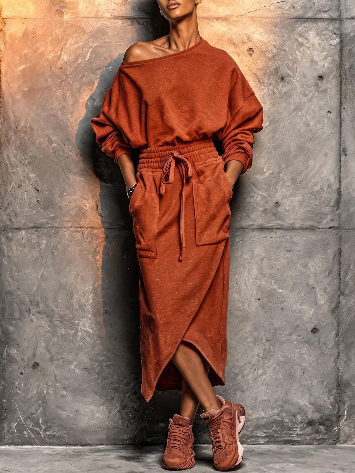 Off-Shoulder Top & Drawstring Long Skirt Set with Pockets