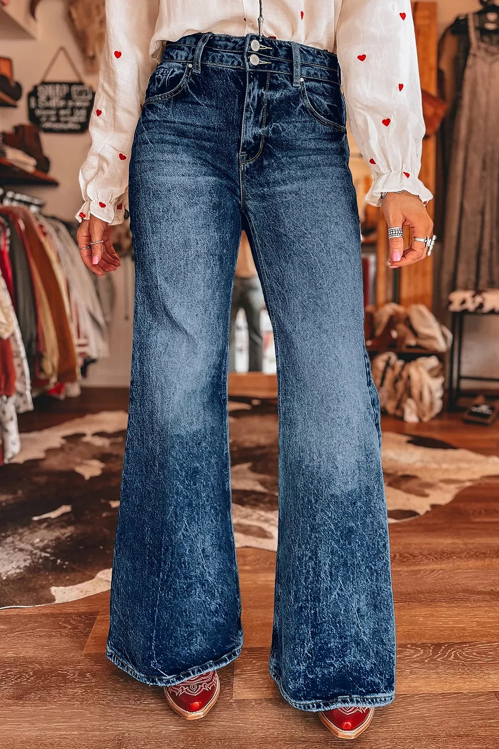 Acid Wash Pocket Detail Flare Jeans