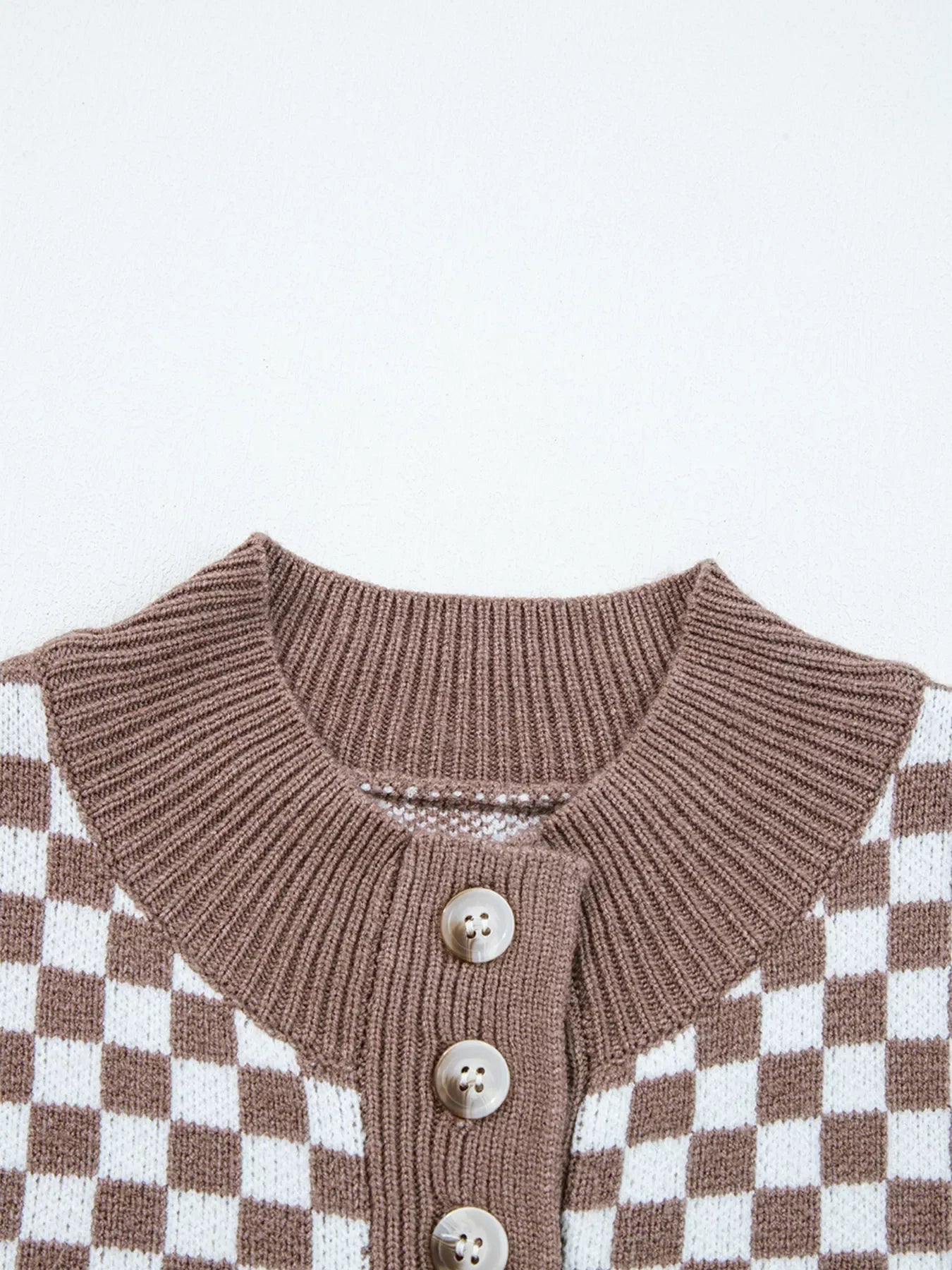 Half Button Ribbed Trim Checkerboard Knit Sweater