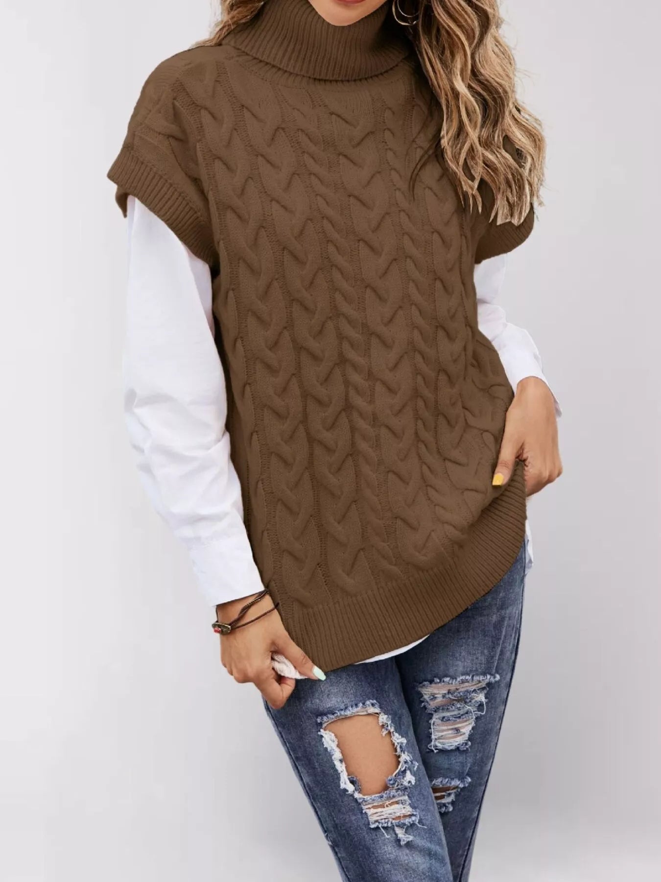 Chunky Knit Turtleneck Cap Sleeve Sweater