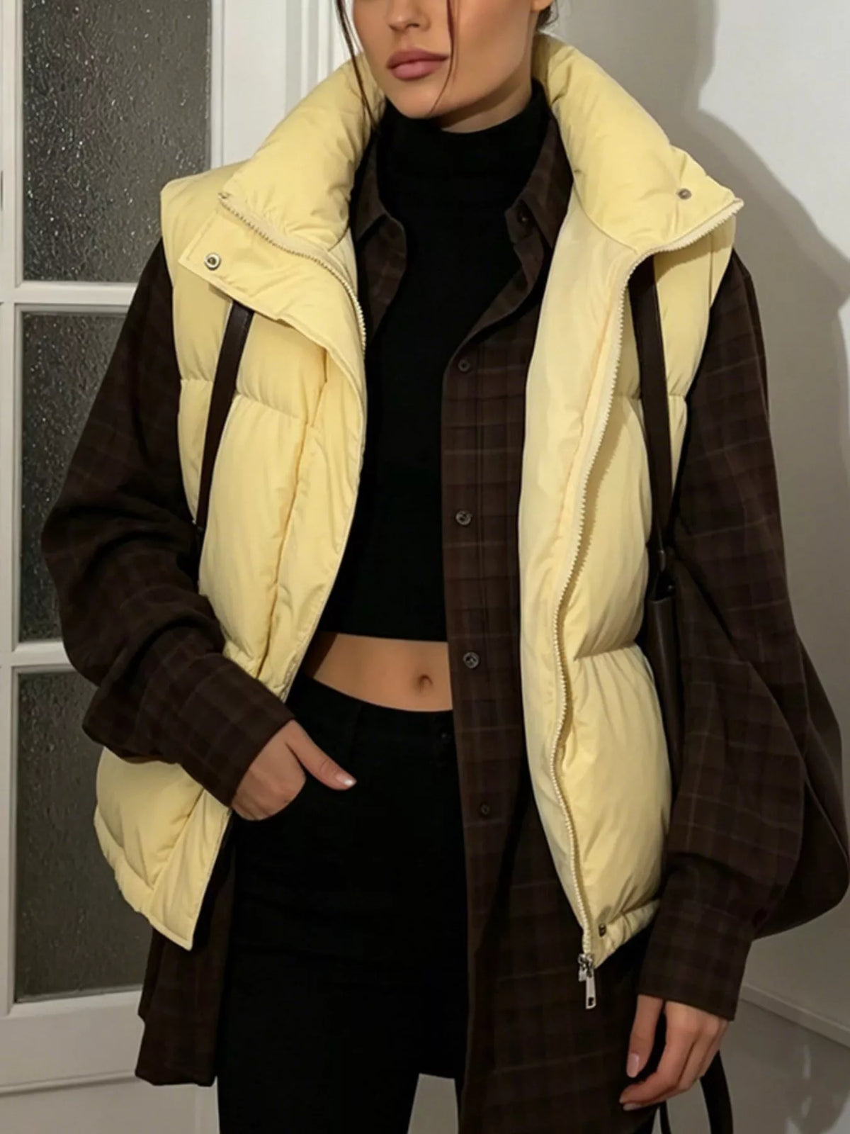 Snap-Button Placket Quilted Puffer Vest Coat