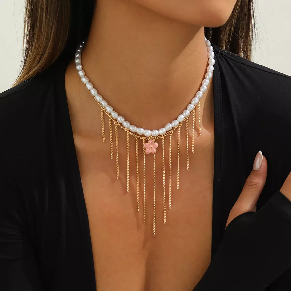 Elegant Pearl Choker Necklace with Flower Charm and Tassel Dangles