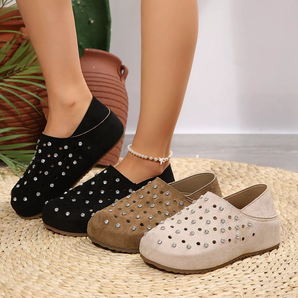 Rhinestone Round Toe Slip-Ons