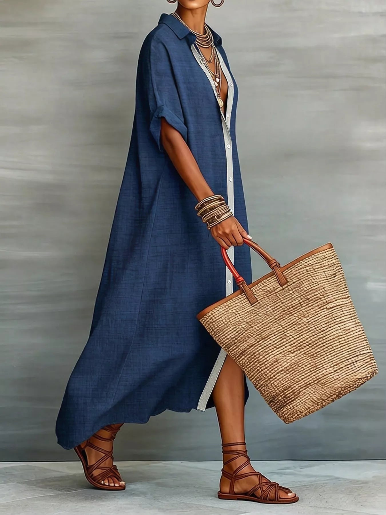 Casual Linen Shirt Dress with Button-Down Front