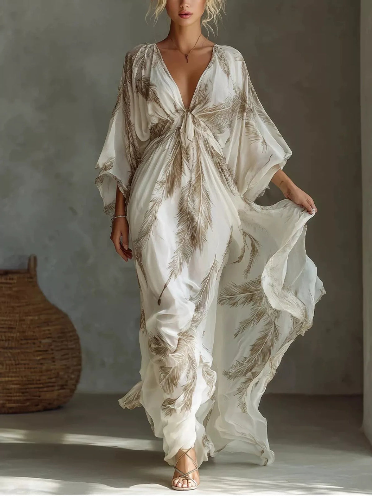 Full Size Feather Print V-Neck Flowy Maxi Dress Plus Size