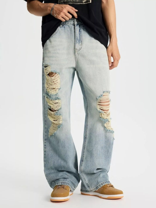 Men's Full Size Distressed Wide Leg Jeans Plus Size