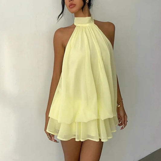 Women's Elegant Halter Mini Dress With Bow Tie Detail Ruffled Design Backless A-Line Summer Dress For Daily & Formal Wear (See size chart where applicable)