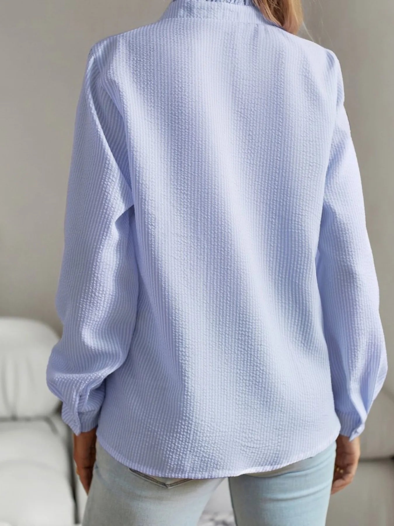 Striped Ruffle Detail Button-Up Blouse