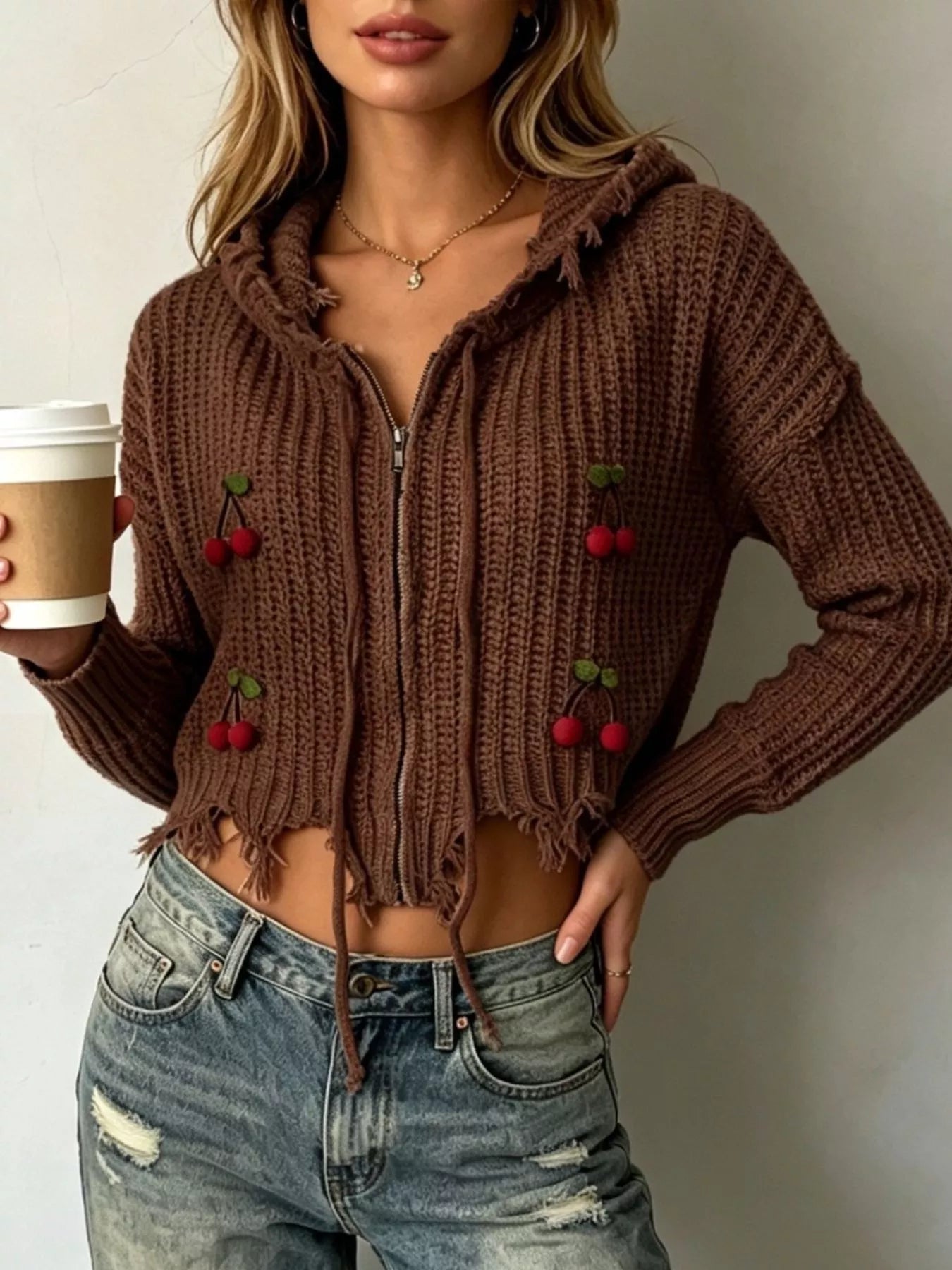 Cherry Knit Zip-Up Hooded Sweater