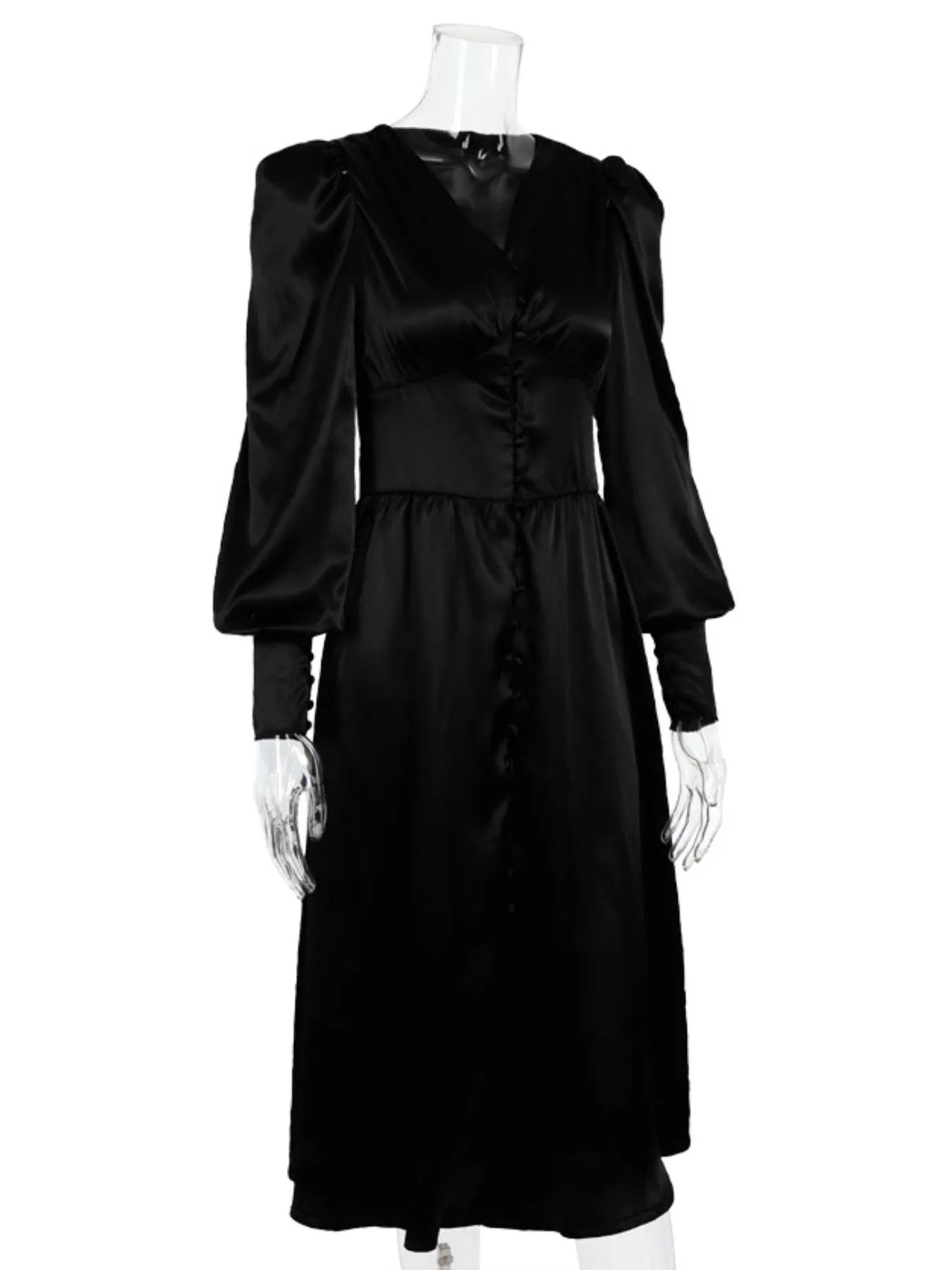 Elegant V-Neck Puff Sleeve Button-Down Midi Dress