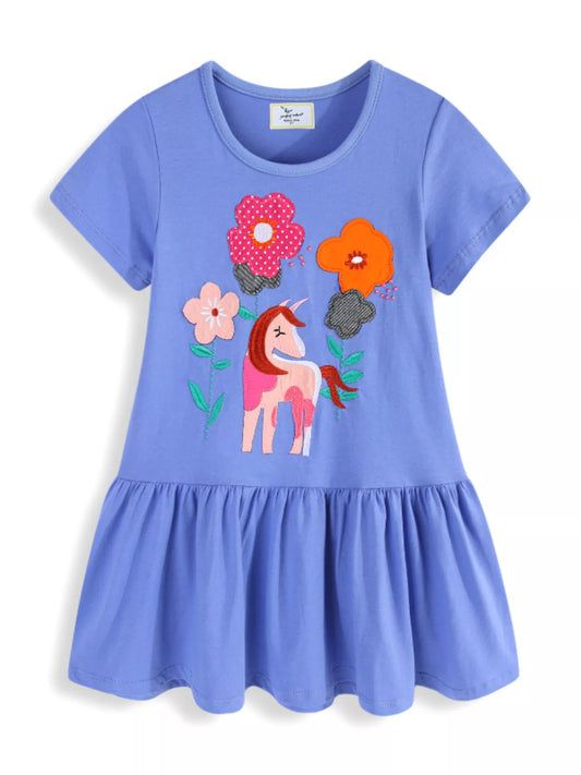 Children's Unicorn Floral Applique Ruffle Hem Dress