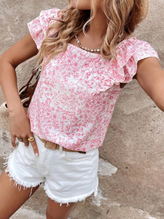 Floral Print Ruffle Trim Blouse