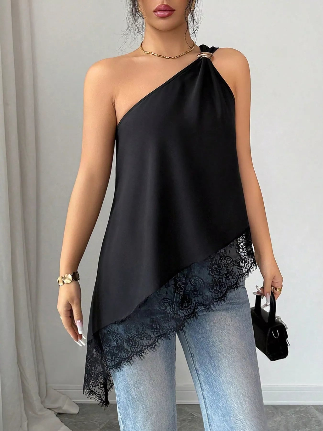 Asymmetrical One-Shoulder Lace Trim Cami