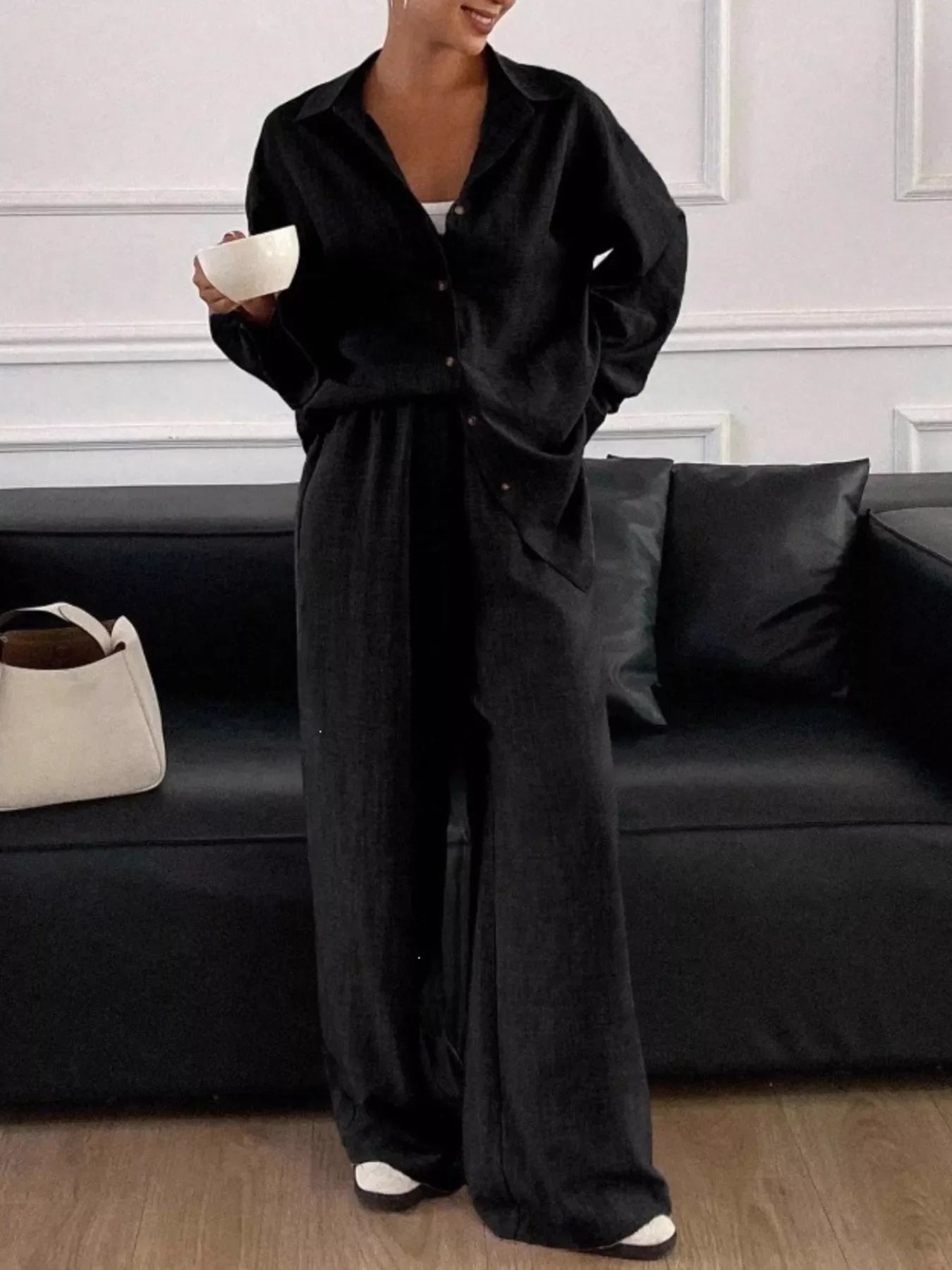 Button-Down Shirt and Wide-Leg Pants Set