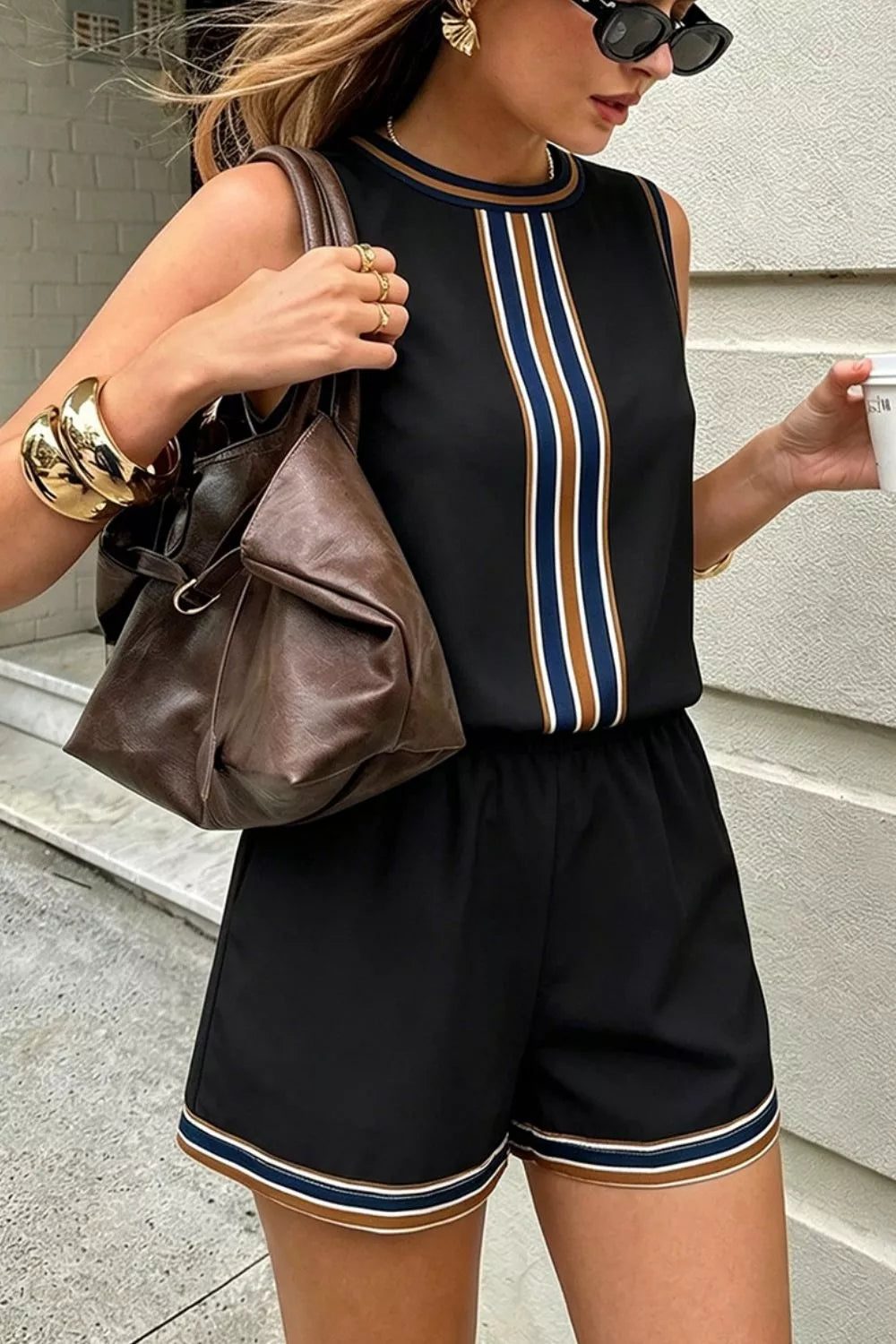 Striped Sleeveless Top and Shorts Set
