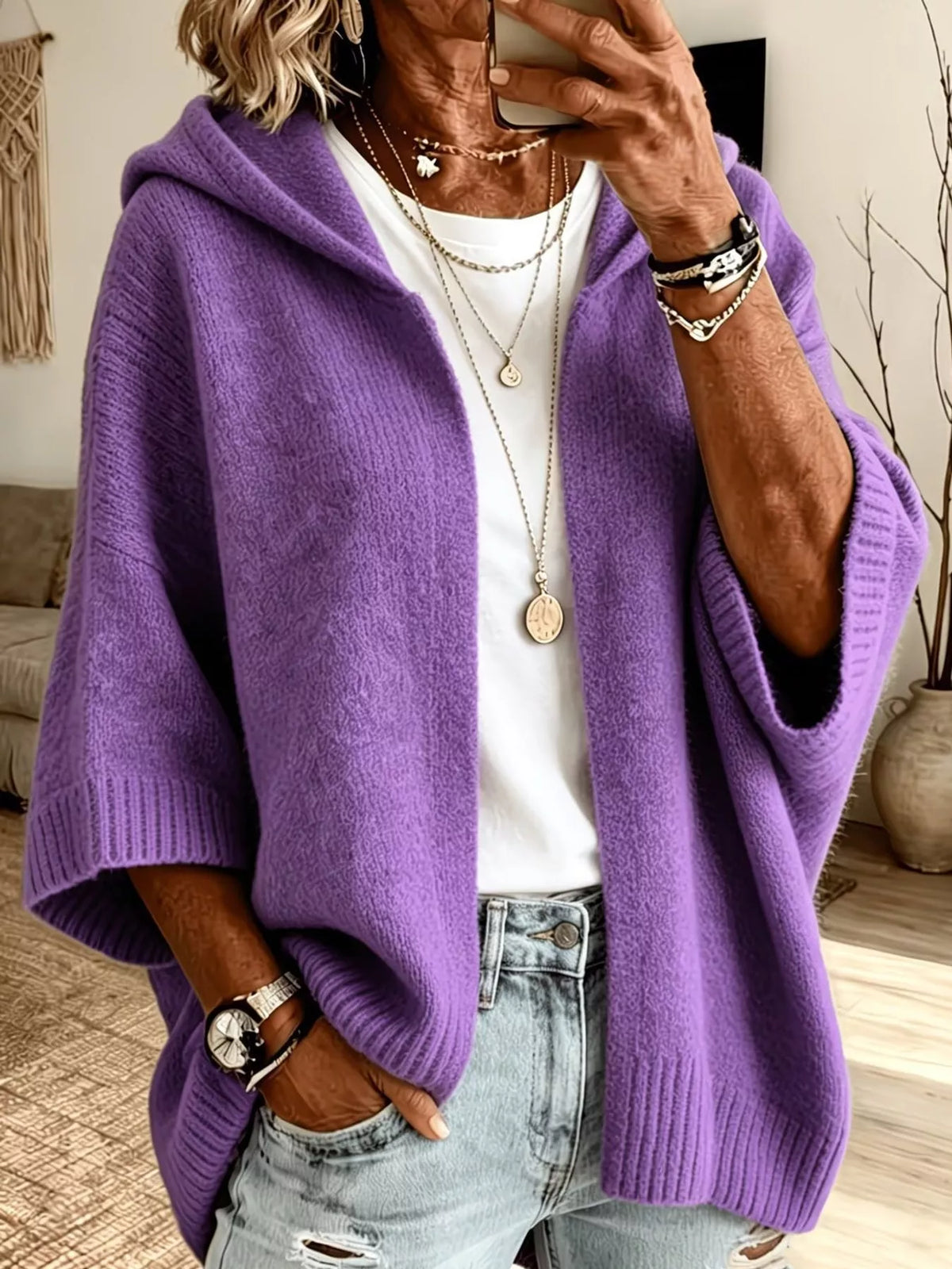Full Size Hooded Open-Front Knit Cardigan Plus Size