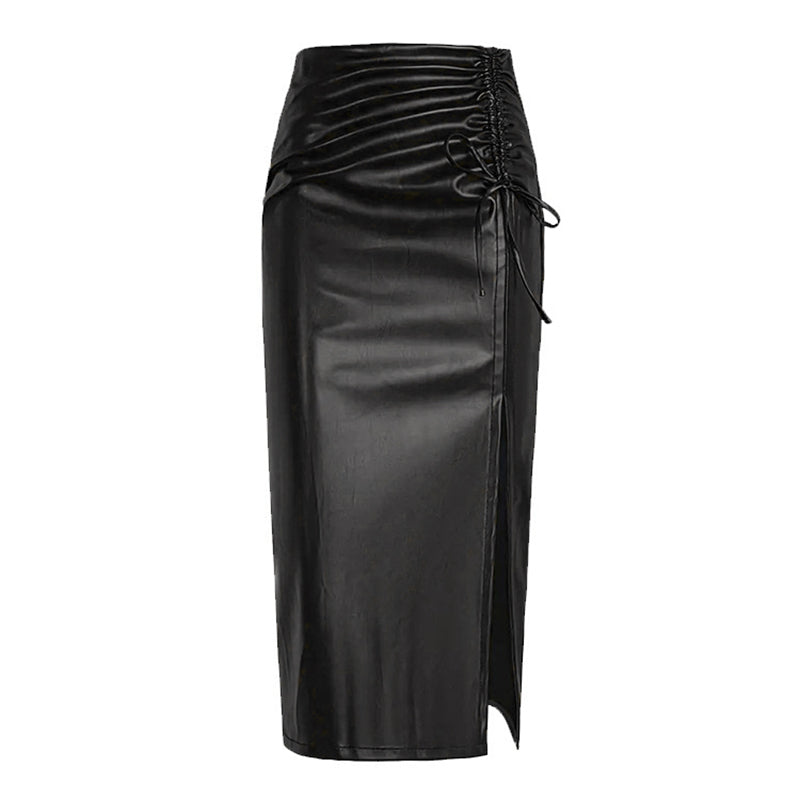 Women's Solid Color PU Leather Pencil Skirt, Drawstring Waist Bodycon Midi Skirt With Slit Hem (See size chart where applicable)