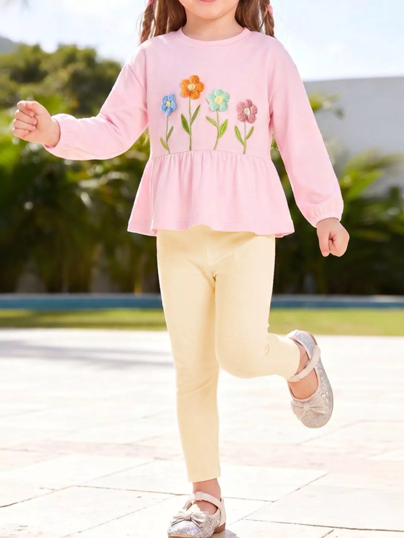 Children's Floral Applique Peplum Top and Leggings Set