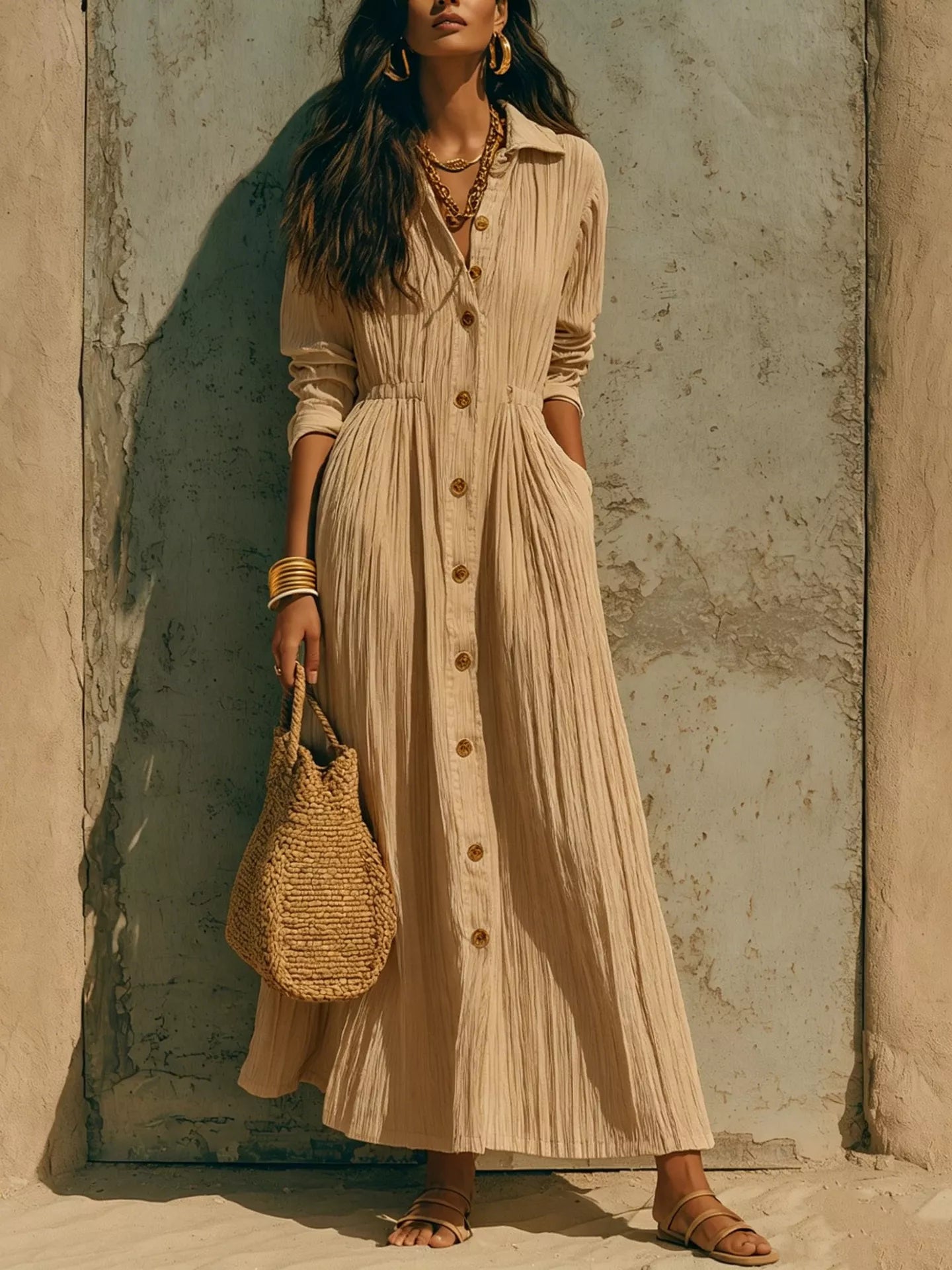 Full Size Textured Button Down Long Sleeve Maxi Dress Plus Size