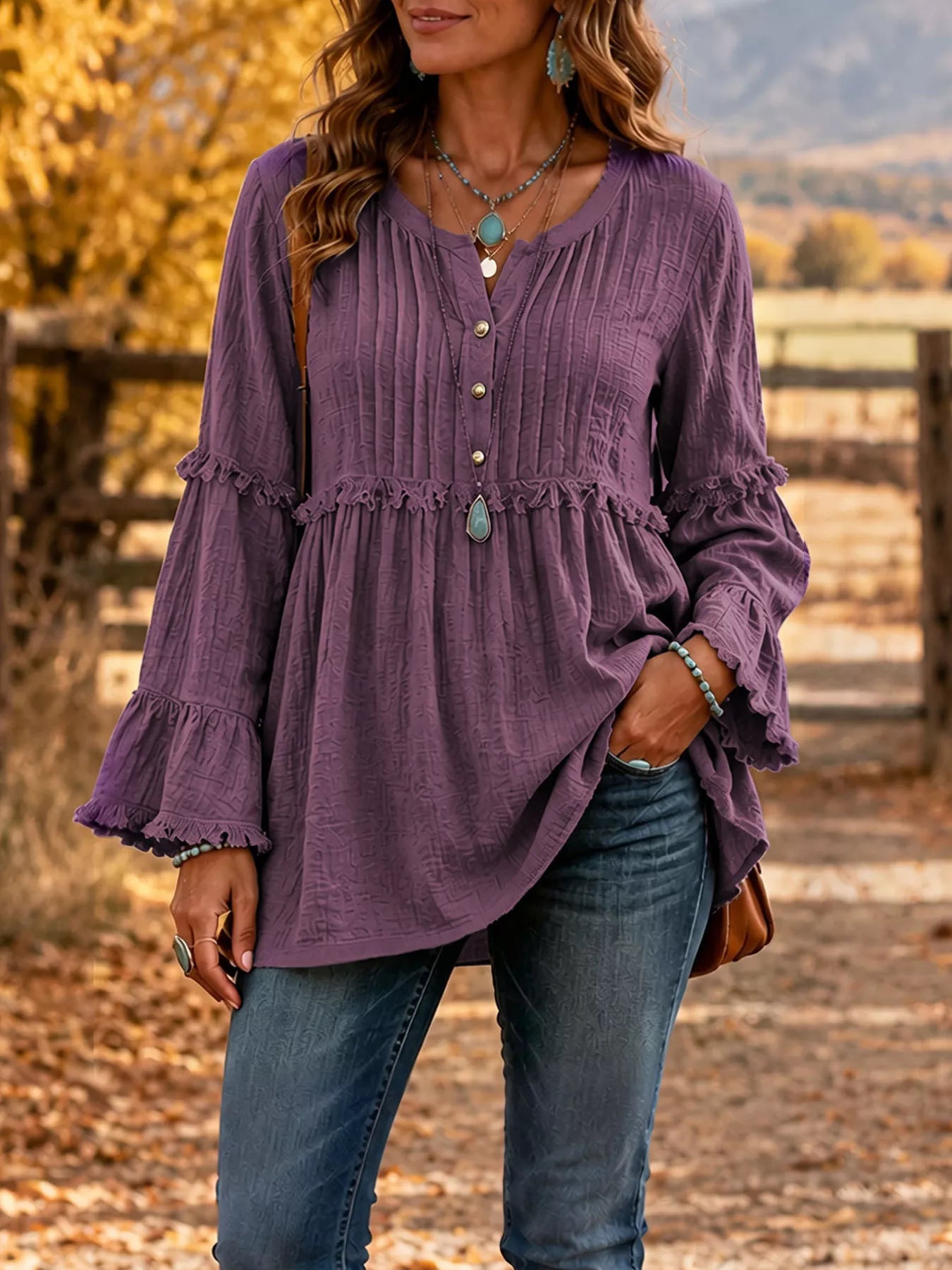 Full Size Frill Notched Long Sleeve Blouse Plus Size