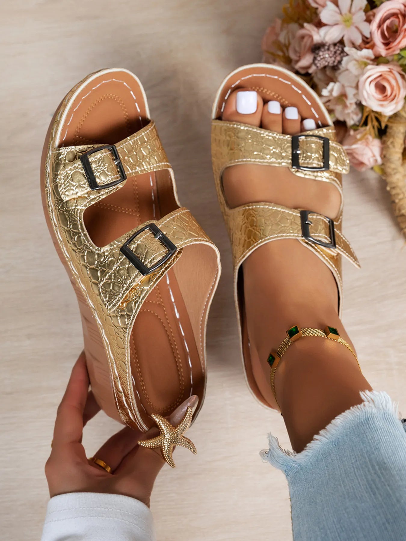 Double Buckle Wedge Sandals