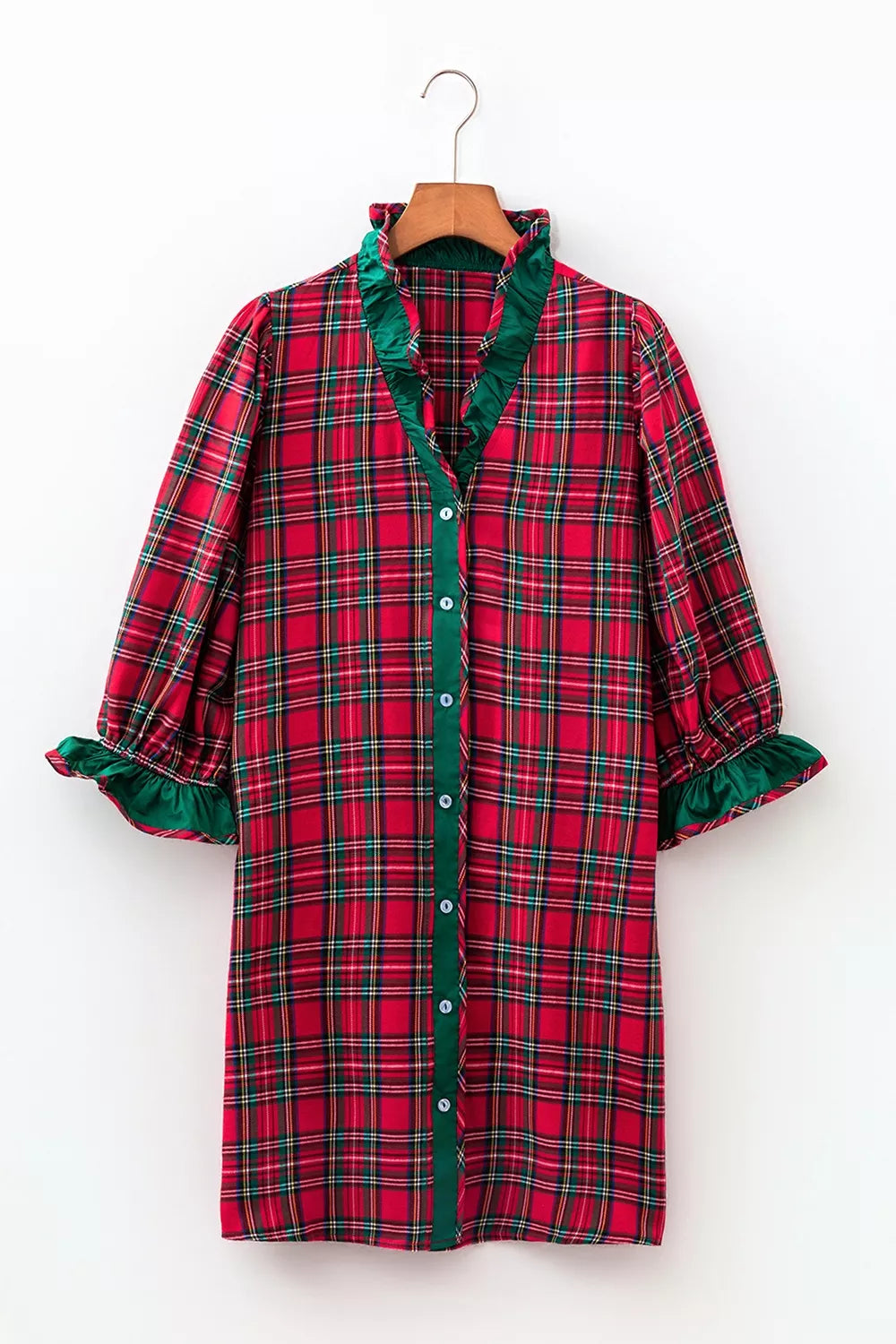 Plaid Ruffle Cuff Button Front Pocket Mini Dress